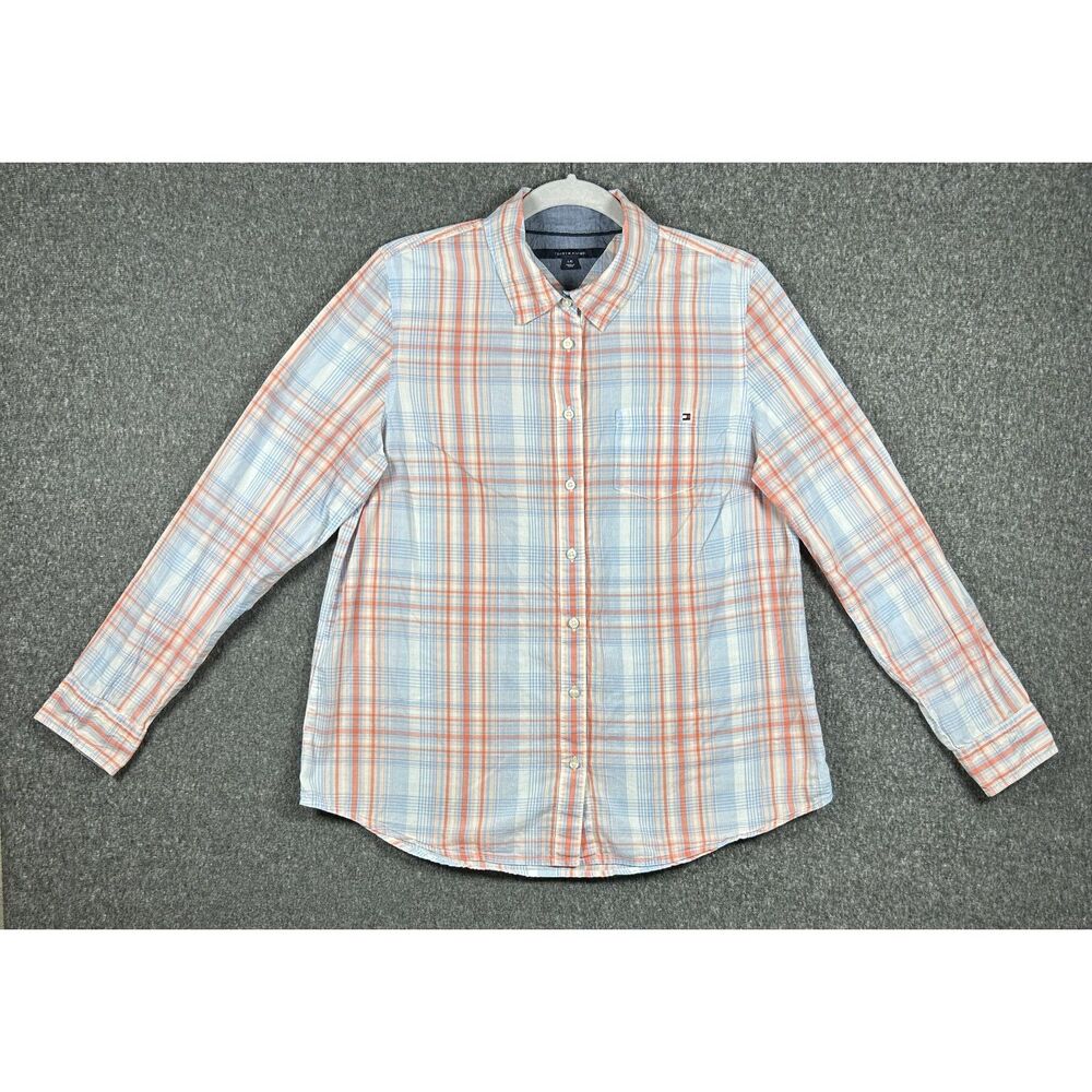 Tommy Hilfiger Women's L Orange & Blue Plaid Button Down Shirt